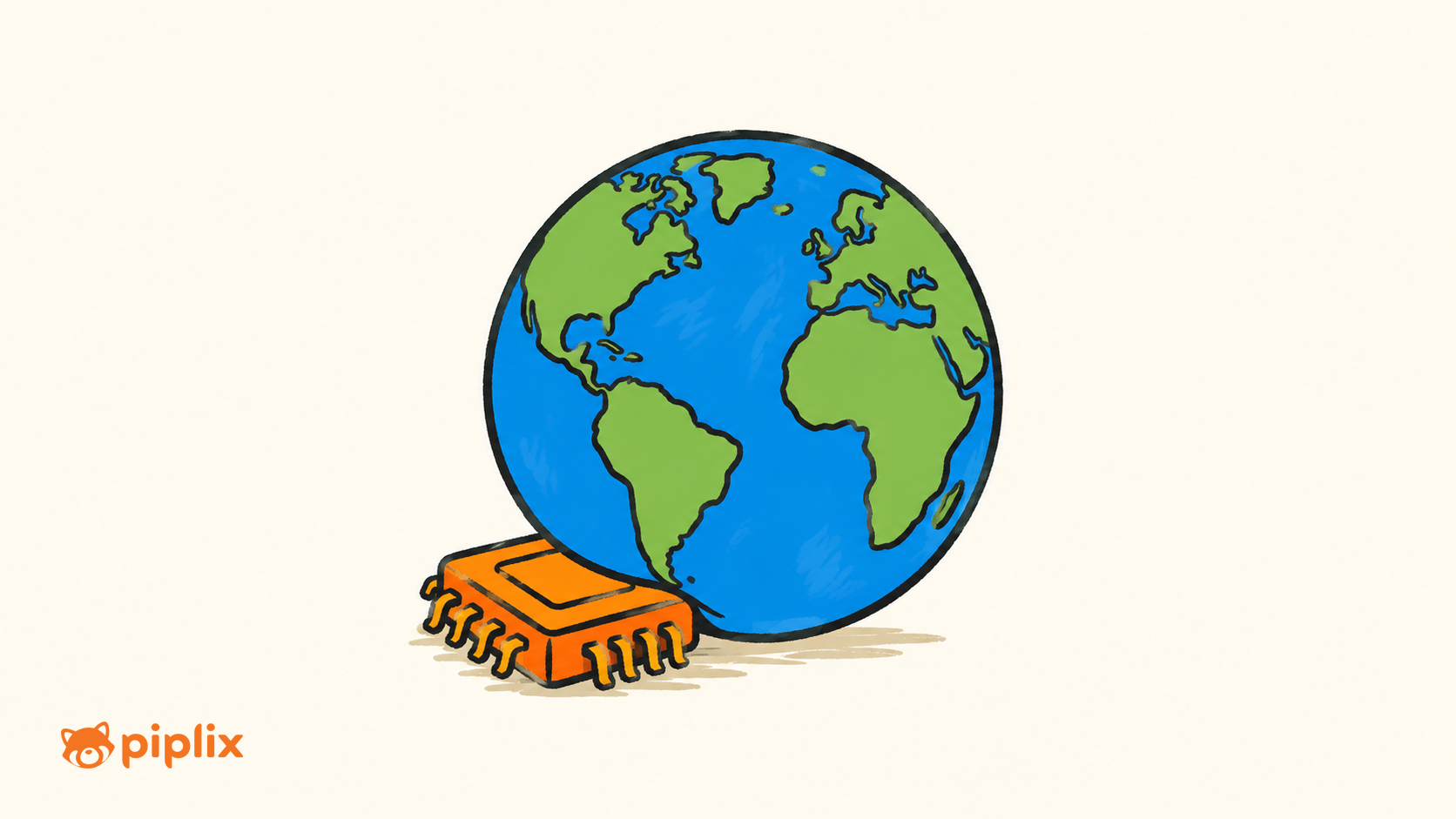One blue globe supported by one simple orange semiconductor block.
