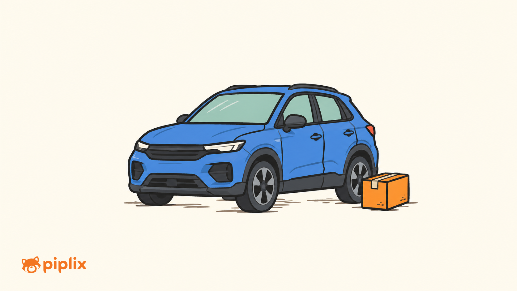 One blue car beside one small orange delivery crate.
