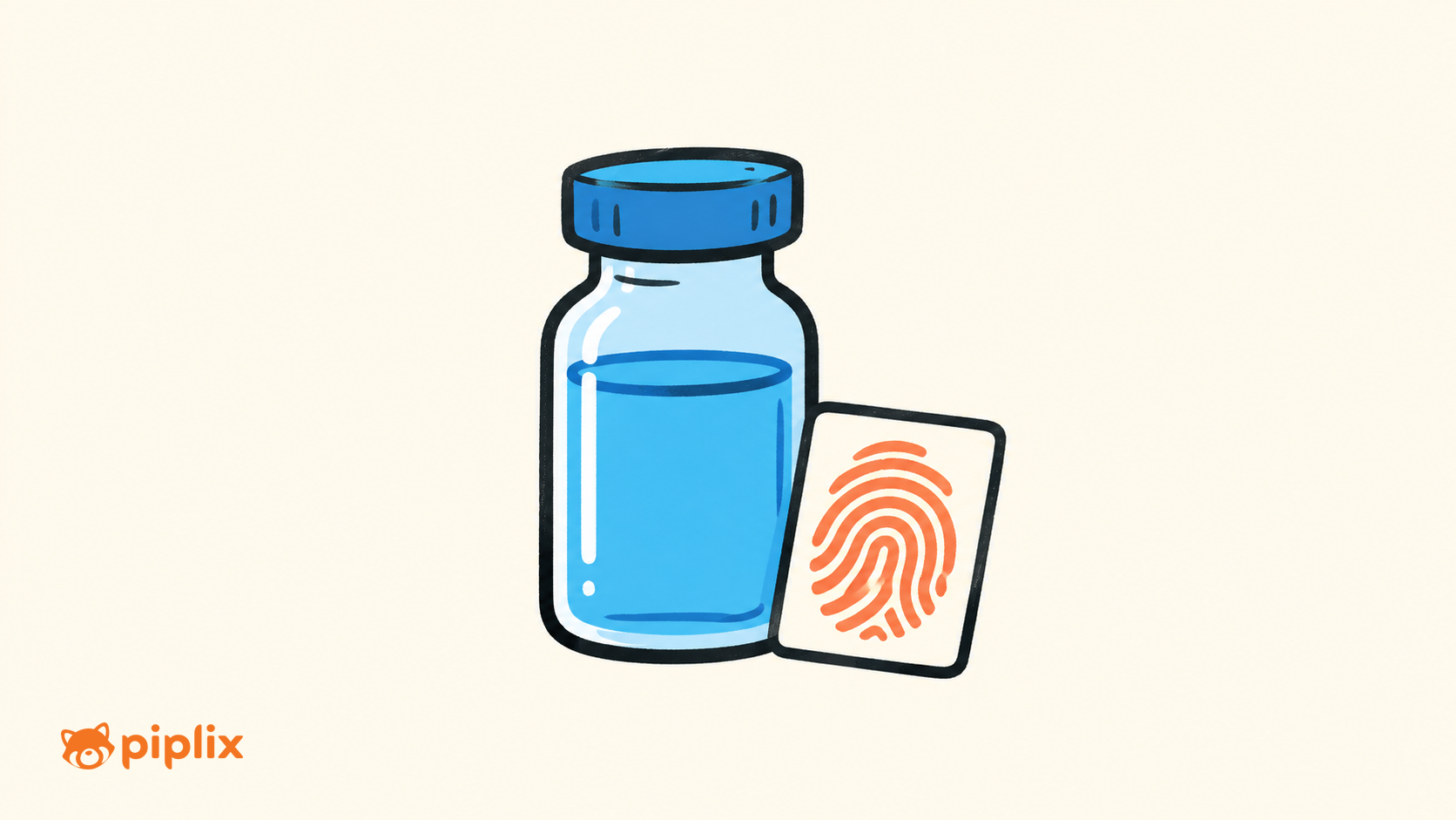 A blue personalised-treatment vial beside a small orange fingerprint card.