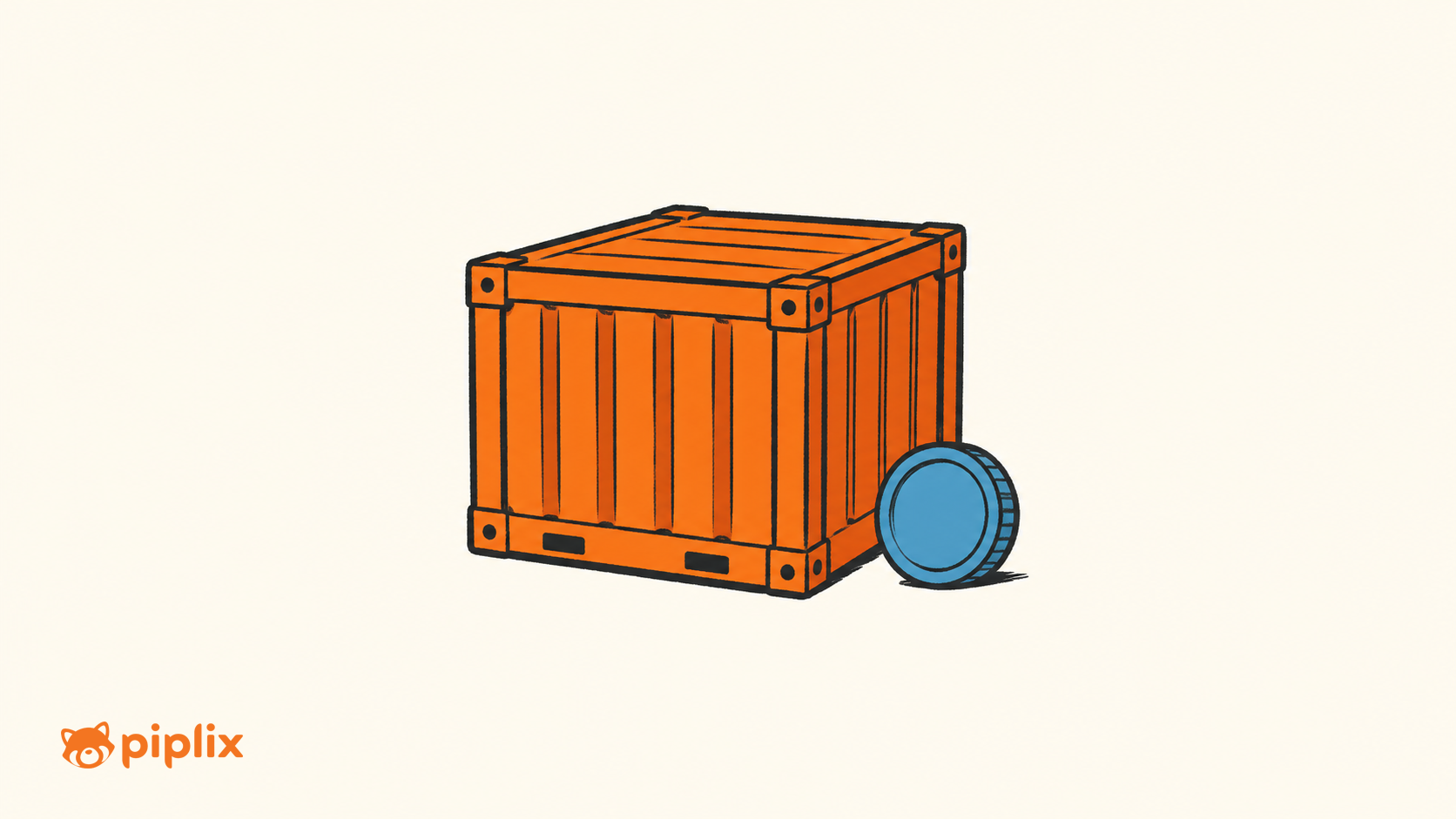 One orange shipping crate beside one small blue coin.