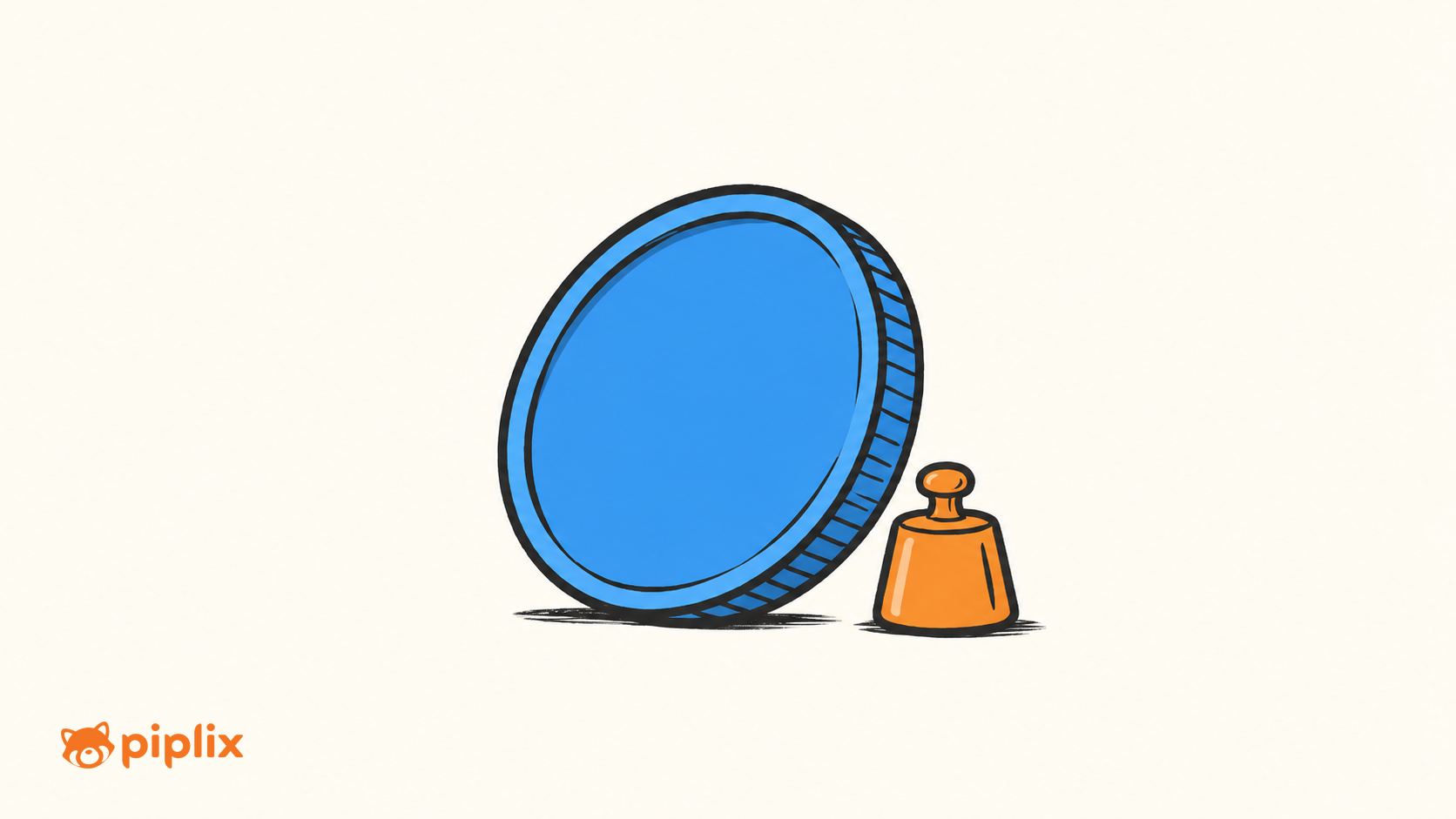One blue coin beside one small orange balance weight.