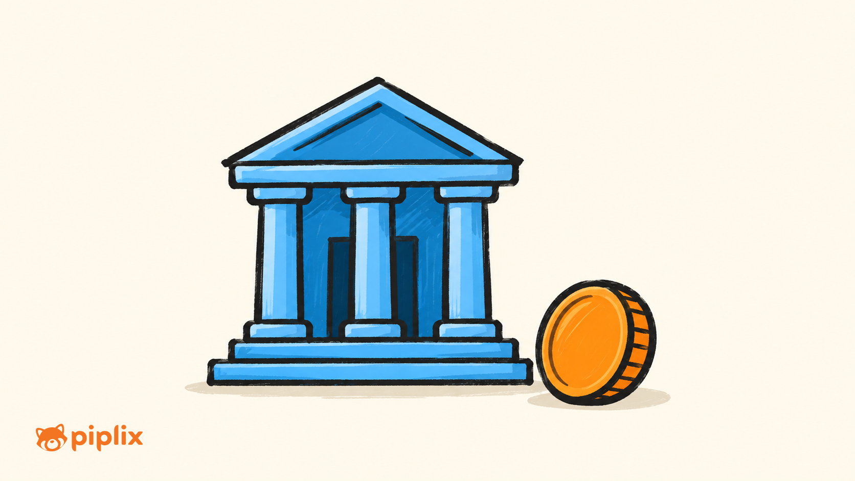 One blue bank building beside one small orange coin.