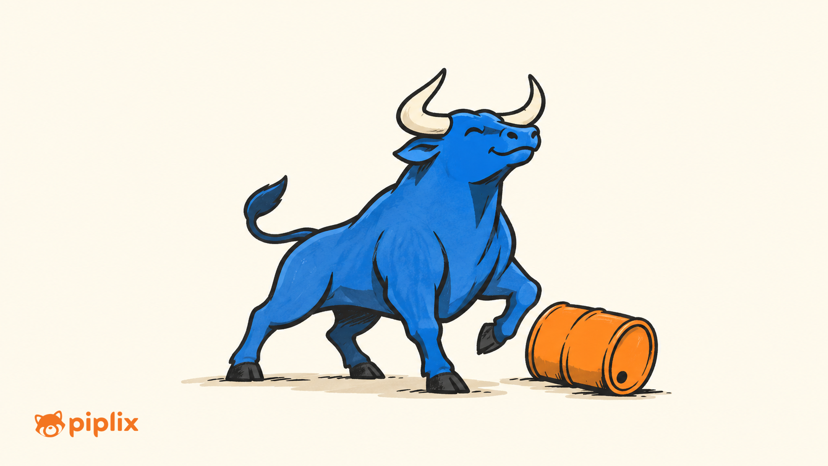 One blue bull figurine beside one small orange oil barrel.