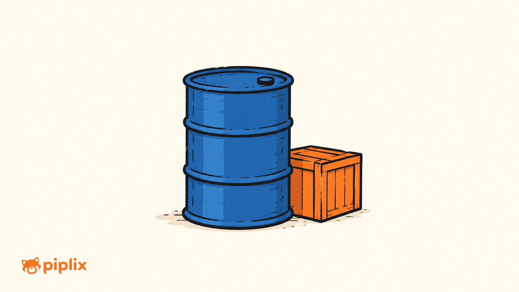 One blue oil barrel beside one small orange shipping crate.