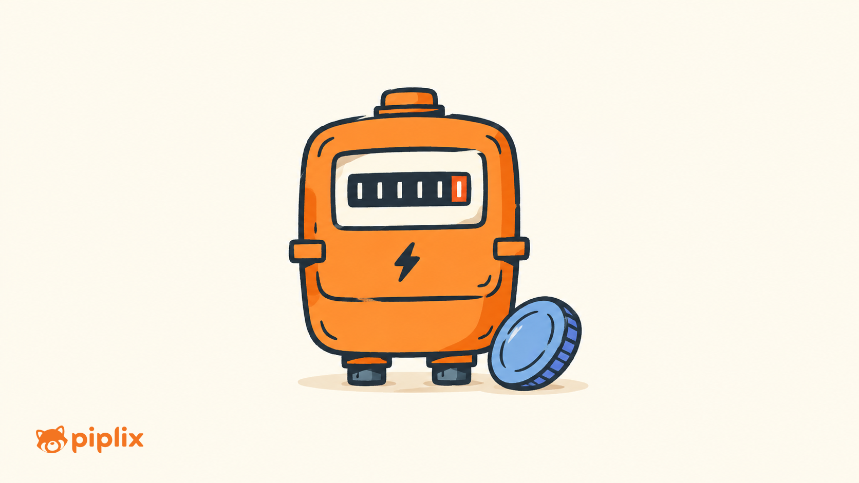 One orange household energy meter beside one small blue coin.