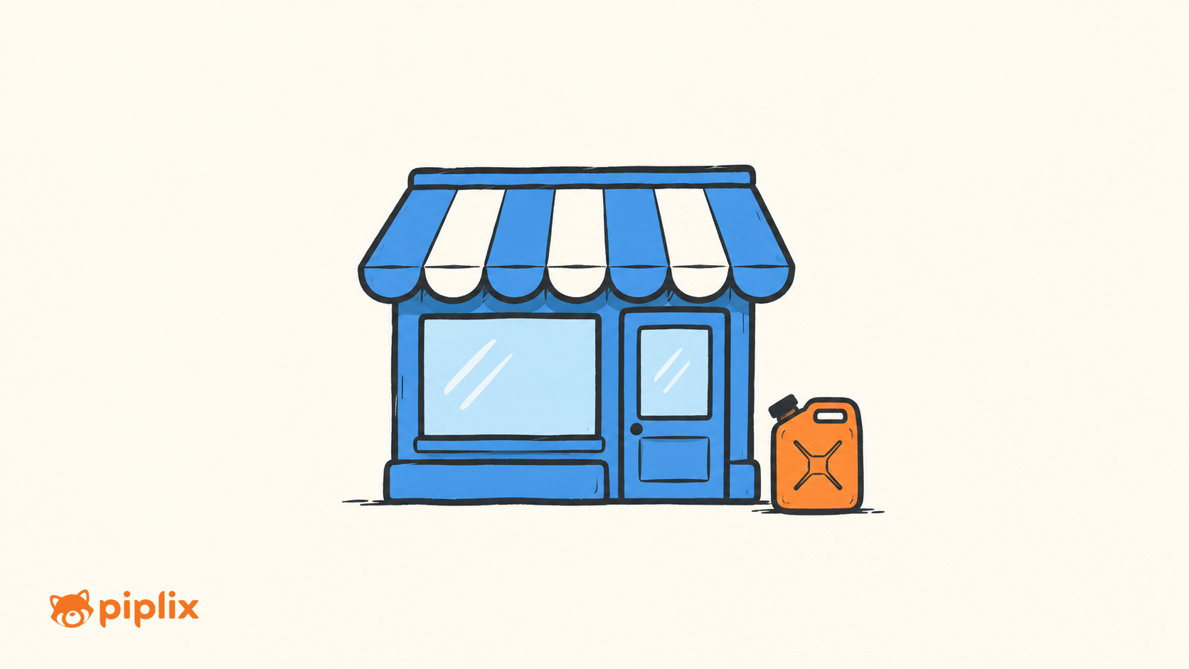 One blue shopfront beside one small orange fuel can.