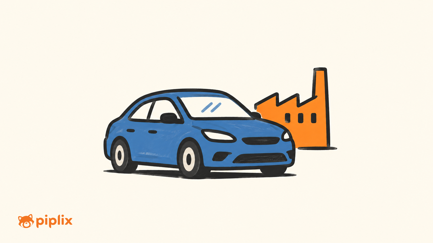 One blue car beside one small orange factory block.